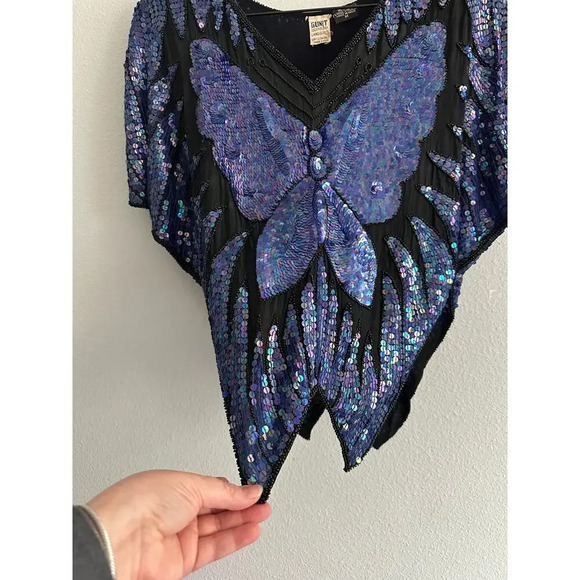 Vintage 70s/80s BUTTERFLY Bluish purple sequin and beaded cape blouse top Sz M - Picture 15 of 15